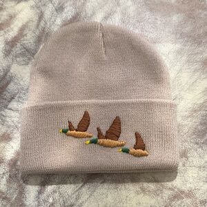 Kids Beige Beanie with Embroidered Ducks